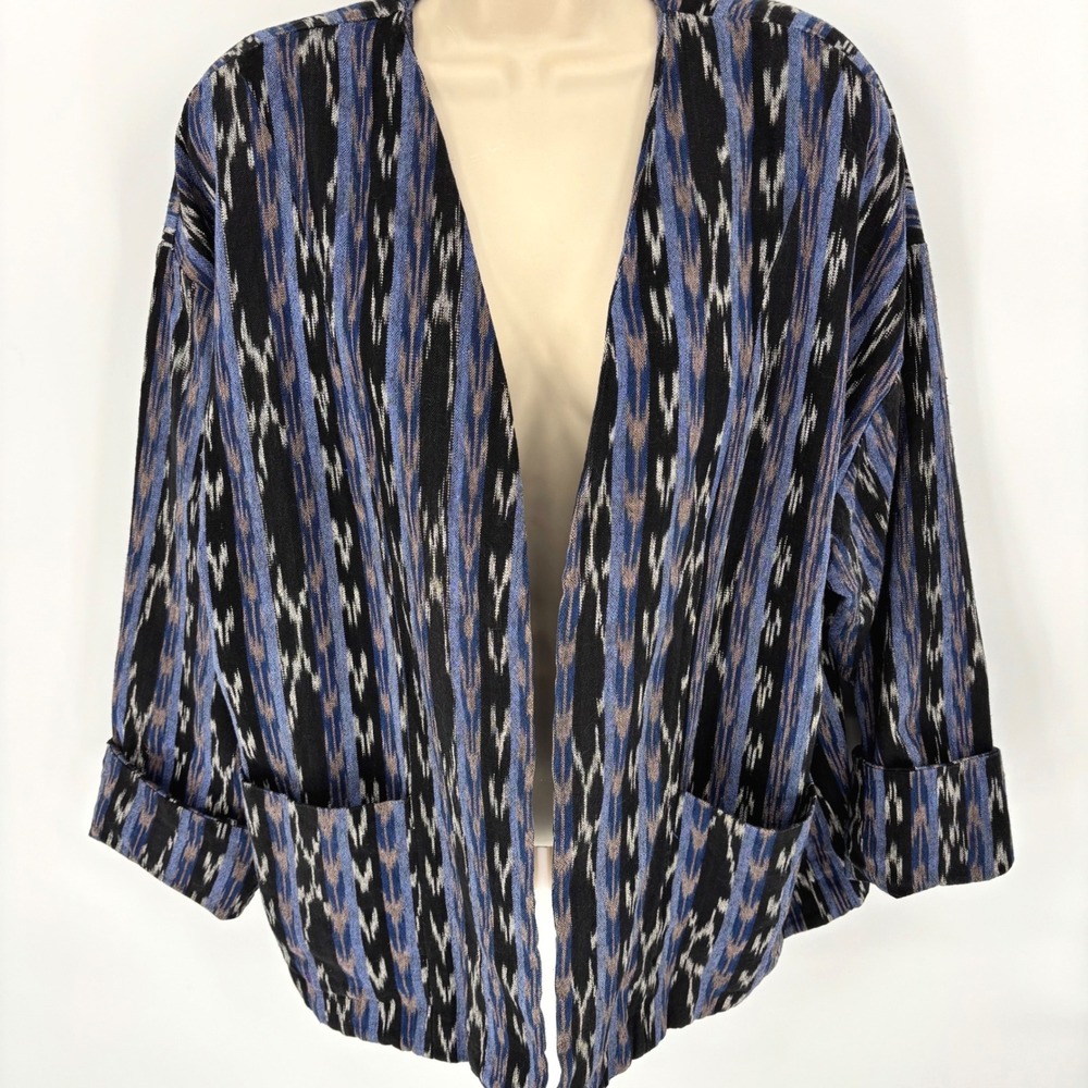 Womens Blue Black Ikat Geometric Open Front Kimono Jacket with Pockets Lined